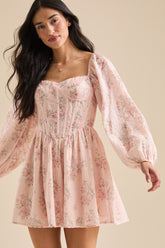 Coral Floral Long Sleeves Mini Dress