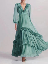 Green Ruffled Trim Long Sleeves Maxi Dress