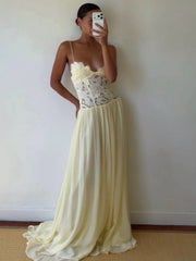 Creamy Yellow Lace Paneled Chiffon Maxi Dress
