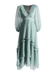 Green Ruffled Trim Long Sleeves Maxi Dress