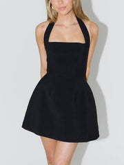 Halterneck Solid A-Line Mini Dress