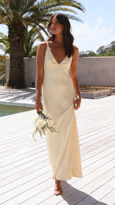Light Yellow Satin V Neck Maxi Dress