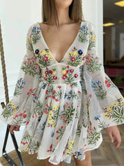 Beige Embroidery Floral Lantern Sleeve Mini Dress