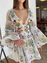 Beige Embroidery Floral Lantern Sleeve Mini Dress