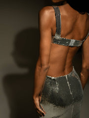 Silvery Sequined Open Back Maxi Dress