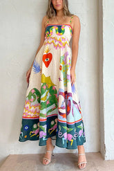 Boho Unique Print Linen Slip Midi Dress