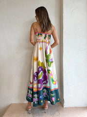 Boho Unique Print Linen Slip Midi Dress