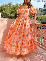 Orange Floral Square Neckline Maxi Dress