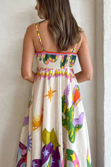 Boho Unique Print Linen Slip Midi Dress