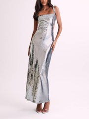 Silvery Sequined Open Back Maxi Dress