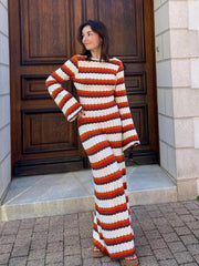 Red Striped Knit Backless Maxi Dress