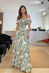 Off Shoulder Palm Printed Maxi Dress