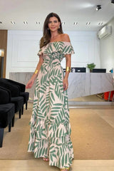 Off Shoulder Palm Printed Maxi Dress
