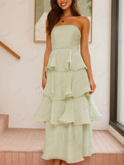 Solid Strapless Tiered Midi Dress