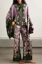 Purple Tribal Print Batwing Sleeve Top and Wide-leg Pants Two-Piece Set