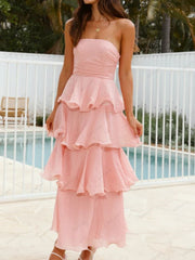 Solid Strapless Tiered Midi Dress