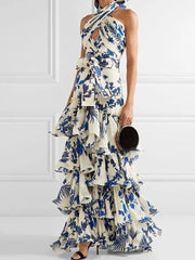 Blue Floral Tiered Halter Maxi Dress