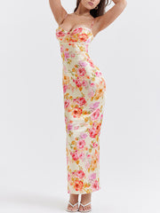 Orange Floral Sexy Midi Dress