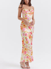 Orange Floral Sexy Midi Dress