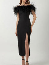 Black Off Shoulder Feather Midi Dress