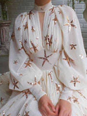 Beige Sequined Stars Chiffon Maxi Dress