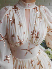 Beige Sequined Stars Chiffon Maxi Dress