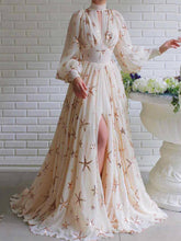 Beige Sequined Stars Chiffon Maxi Dress