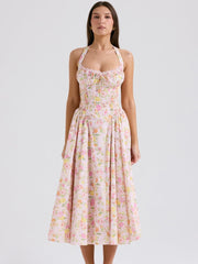 Pink Floral Pleated Halter Midi Dress