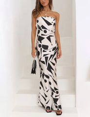 Satin Geo Print Bandeau Maxi Dress