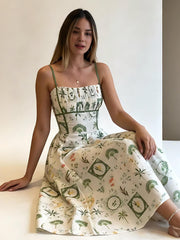 Green Botanical Print Sleeveless Midi Dress
