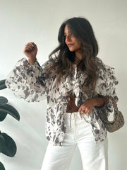 Brown Spot Print Flounced Blouse