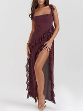 Wine Red Ruffle Edge High Slit Maxi Dress
