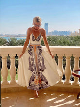 Elegant Feather Print Backless Tie Dress