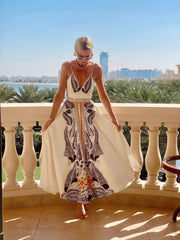 Elegant Feather Print Backless Tie Dress