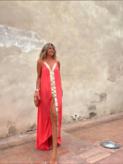 Coral Pink Backless Maxi Dress