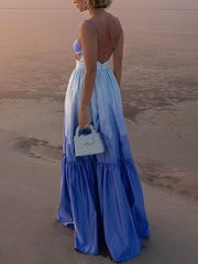 Blue Gradient Color Cutout Waist Maxi Dress