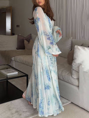 Blue Floral Long Sleeves Chiffon Maxi Dress