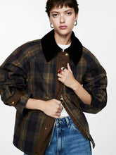 Brown Plaid Print Snap Button Jacket