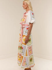 Smiley Face Print Linen Midi Dress