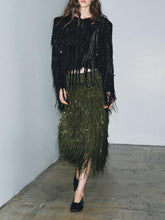 Olive Green Fringed Sequin Skirt