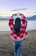 Pink And Red Checkered Knit Cardigan