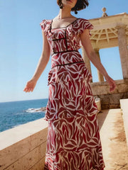 Burgunday Abstract Print Midi Dress