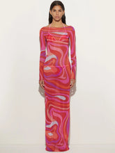 Hot Pink Wavy Line Printed Semi-Sheer Maxi Dress