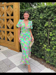 Green Floral V-Neck Midi Dress