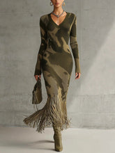 Olive Camo Knit Fringe Hem Midi Dress