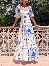 Blue Floral Square Neckline Midi Dress