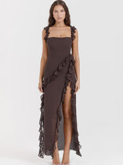 Coffee Ruffled Long Maxi Slip Dress