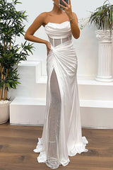 Eletant Satin Paneled Mesh Off Shoulder Maxi Dress