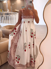 Red Cherry Print Slip Maxi Dress