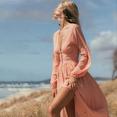 Pink Long Sleeves Midi Dress